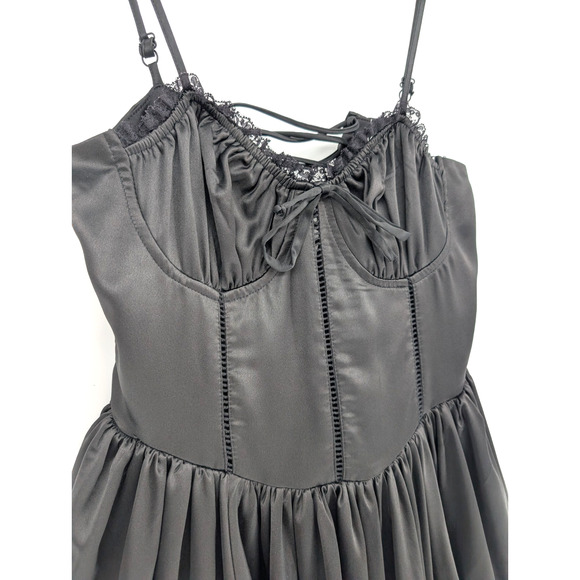 Black Satin Whimsigoth Renaissance Dark Fairy Corset Lace Up Regency Dress Large - Picture 5 of 10